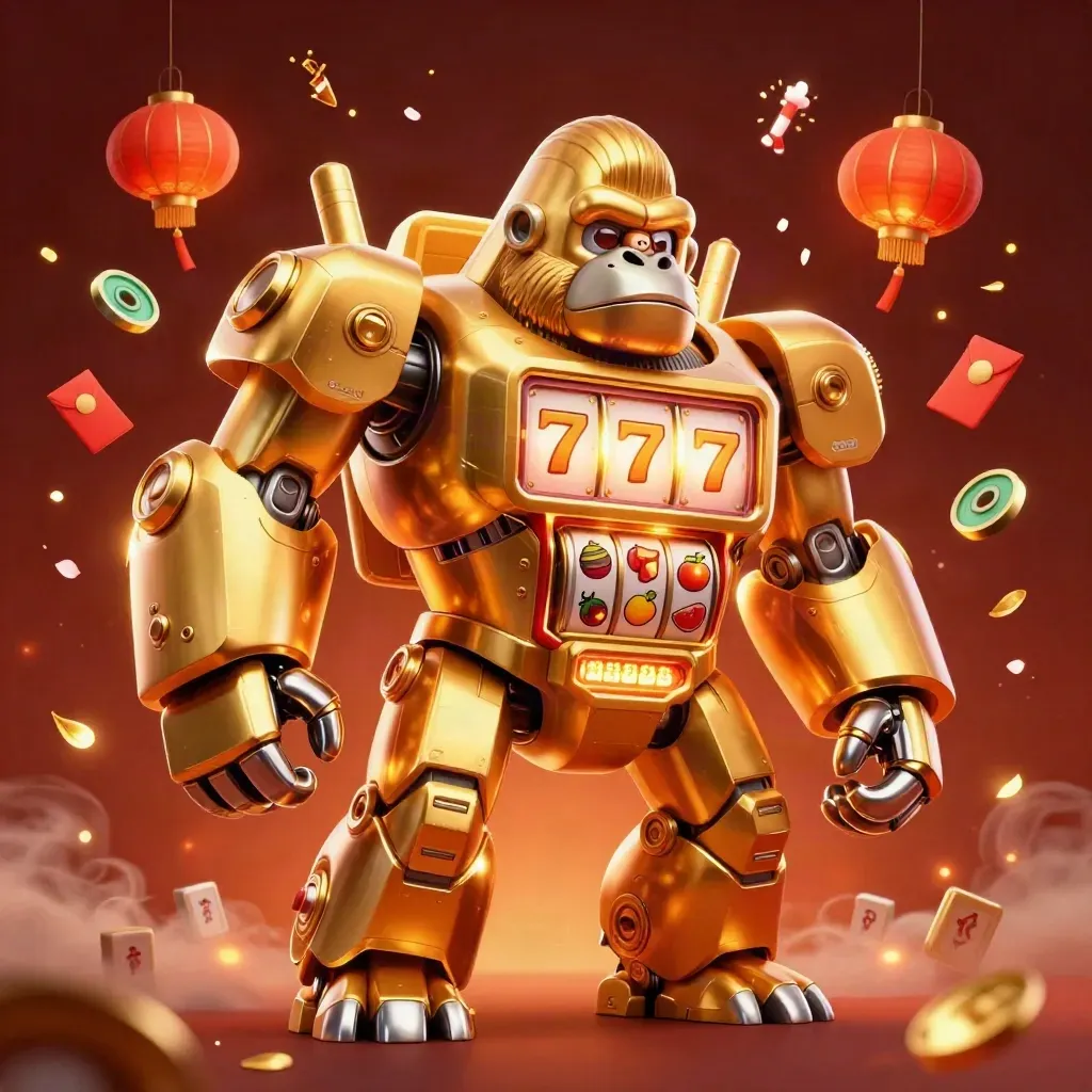 Golden gorilla slot mech with a tiny monkey pilot amid reels, lanterns, coins and fireworks.