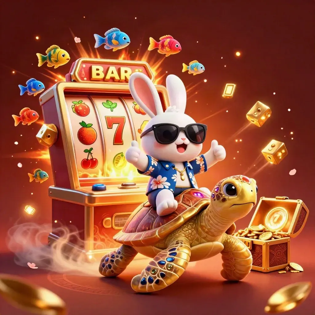 Lucky rabbit rides a golden sea turtle amid slot symbols, gold bursts, and ember glow.