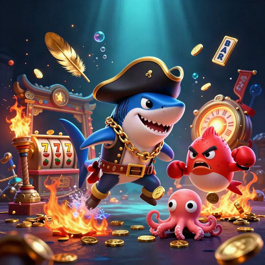 Pirate shark, boxing pufferfish, and juggling octopus amid coins, reels, and neon casino glow.