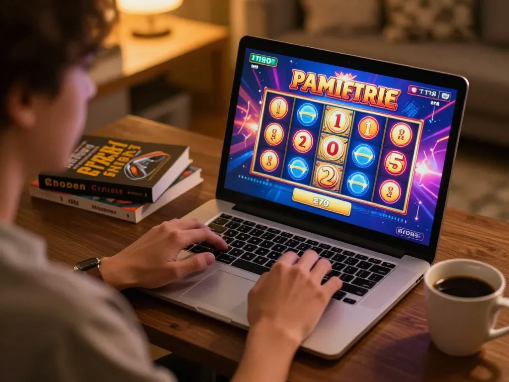Playing online slots at home with KUWIN. COM on laptop in comfortable setting