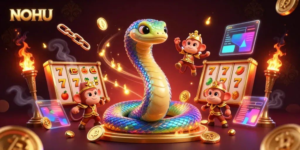Engage in thrilling slots at NOHU, highlighted by a colorful 3D scene with jackpot elements and crypto coins.