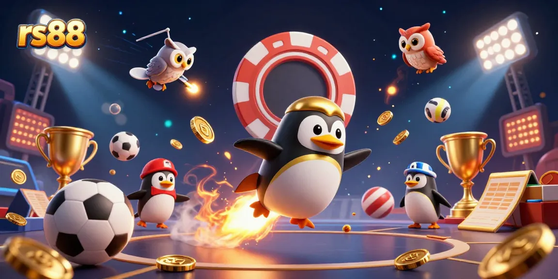 Play exciting games at RS88 with dynamic sports betting and casino elements surrounding a golden penguin.