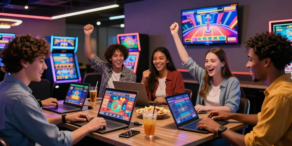 Group of friends enjoying credit card casinos, playing games on laptops and tablets.