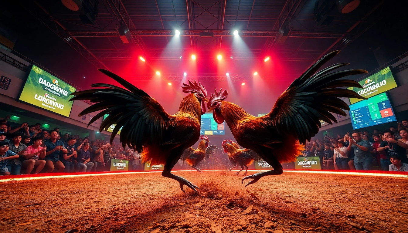 Live cockfighting match at dagawin.live, showcasing intense competition and excitement.