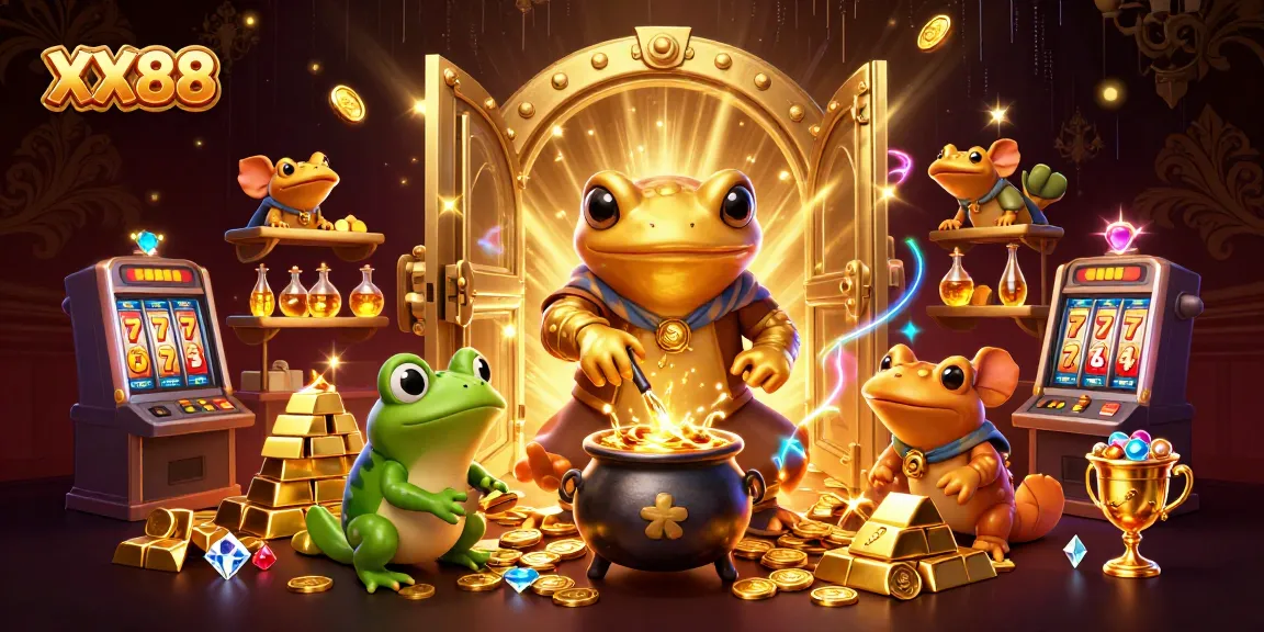 Experience the excitement of XX88 with a vibrant 3D illustration showcasing casino elements and gold treasures.