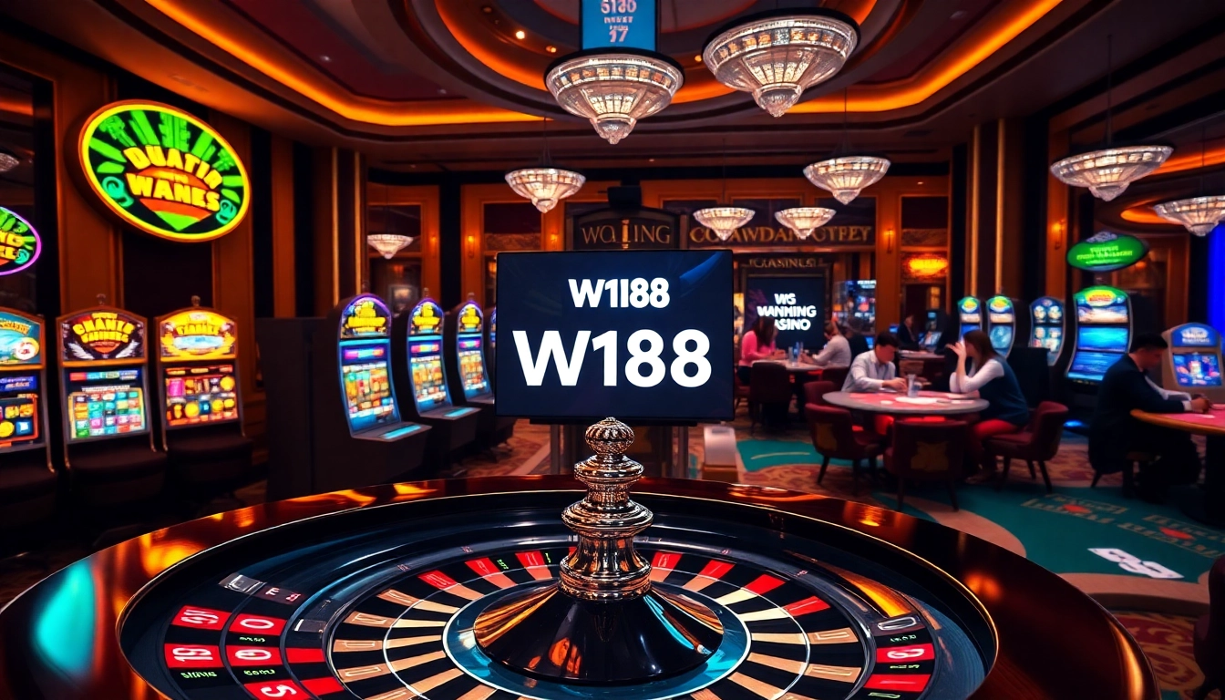 Experience the excitement of W188 with vibrant slot machines and roulette action.