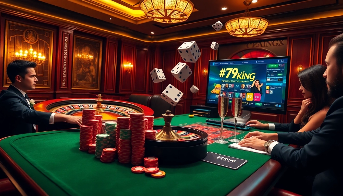 Experience thrilling gameplay at 79KING with poker chips and roulette wheel in a stylish casino.