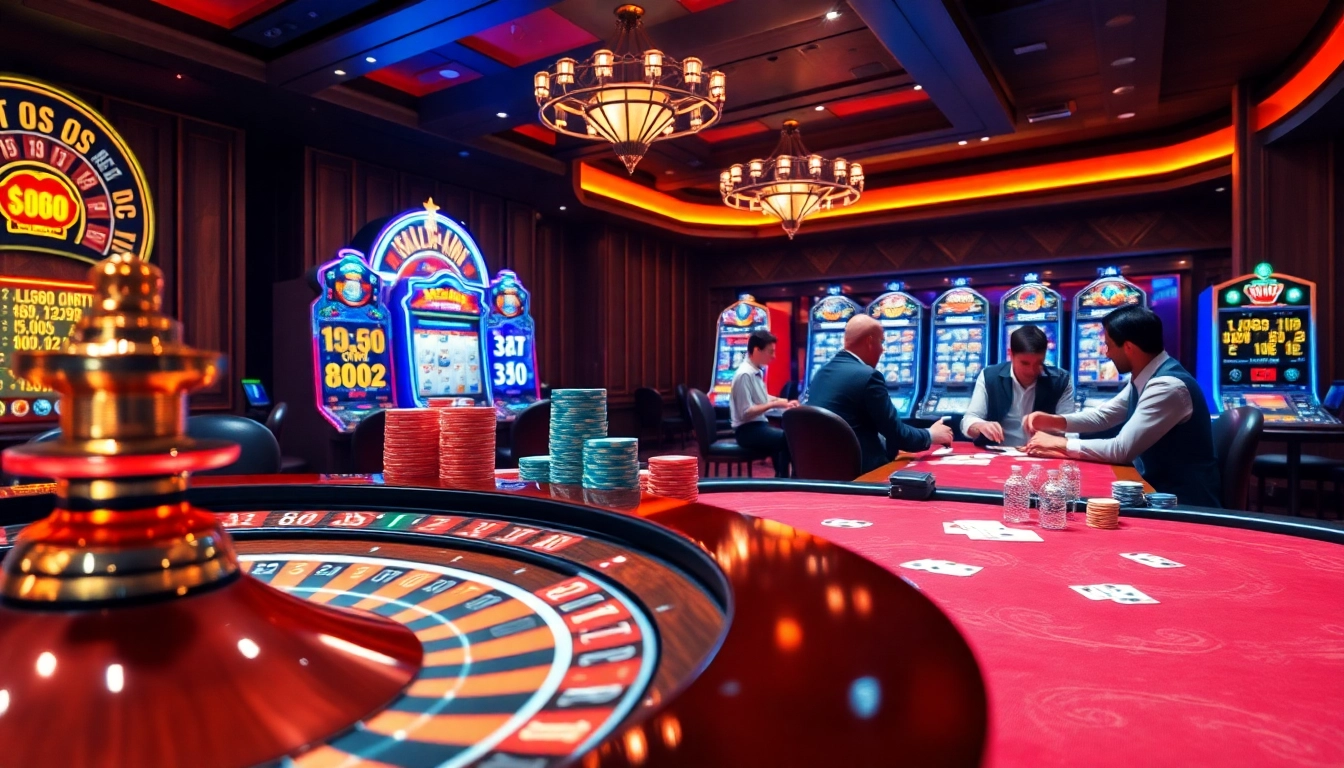 Hello88 players enjoying a high-stakes casino experience with poker chips and a roulette wheel.