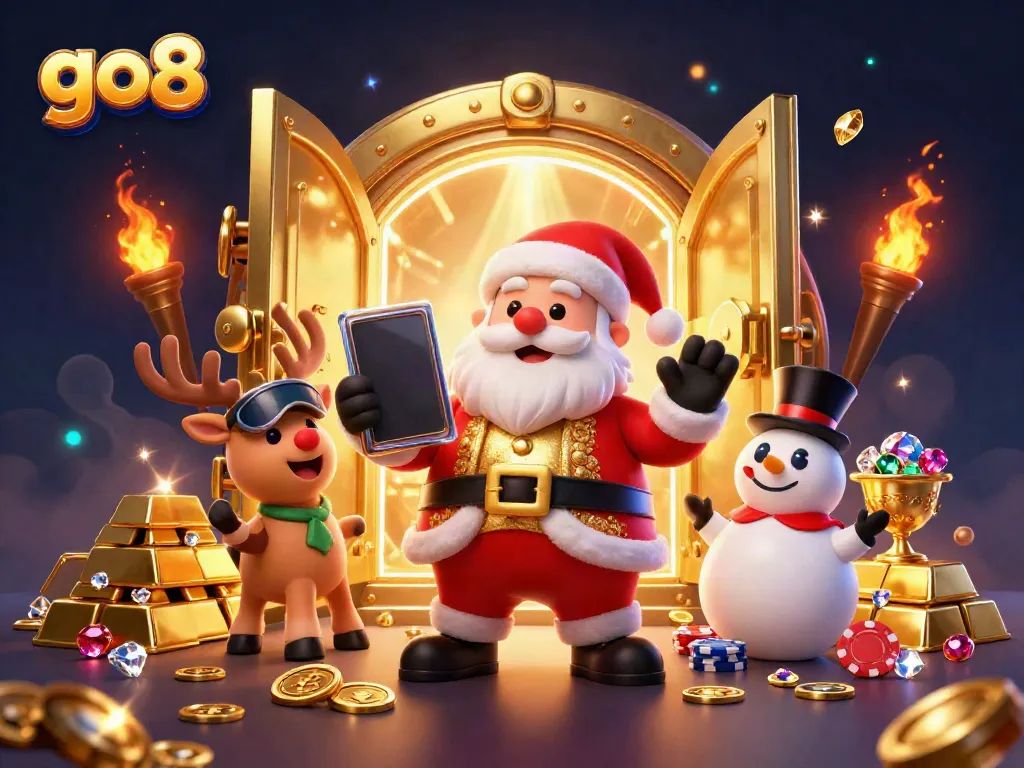 Engage in thrilling slots action at go8 with Santa and friends amidst treasures and casino wonders.