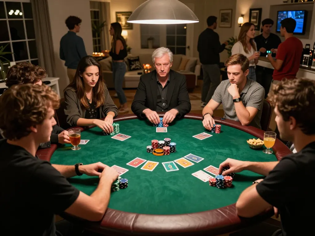 Engaged players at an iwin club home poker game night with vibrant chips and cards.