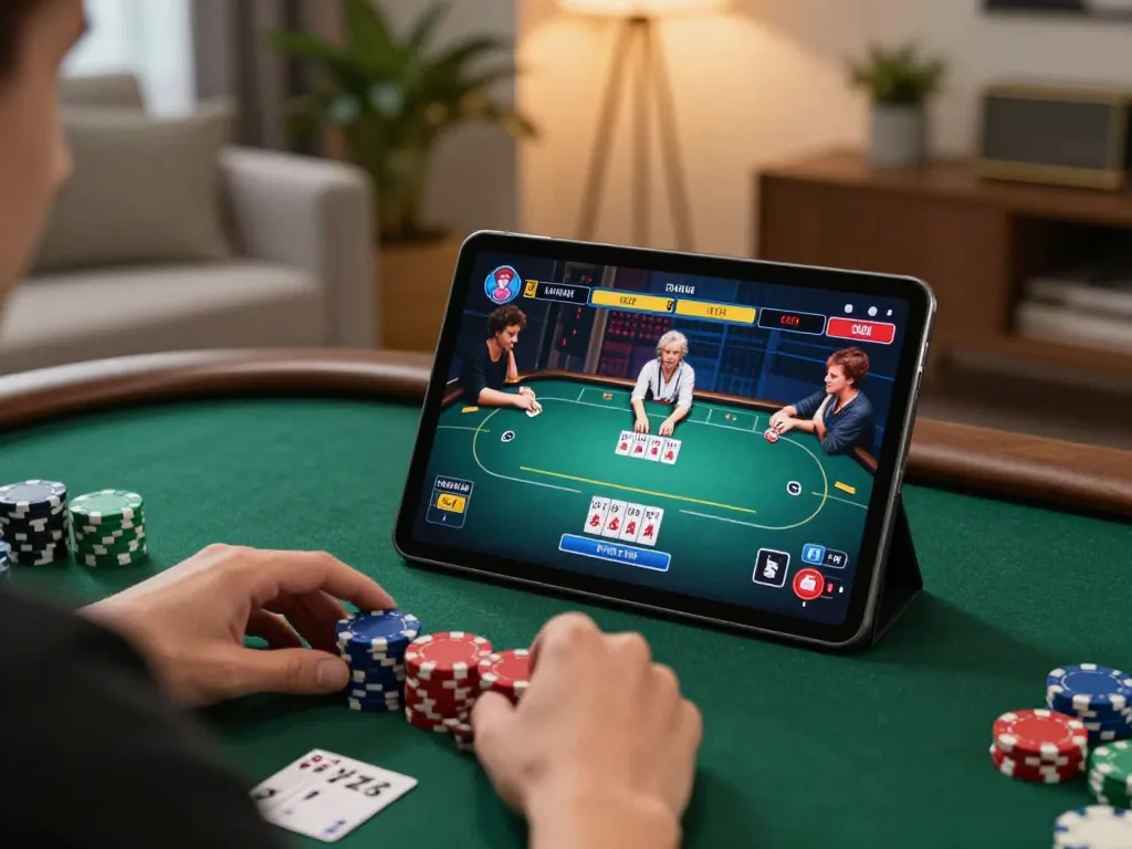 Engaging online poker gameplay centered around 3333WIN strategy, featuring colorful chips and cozy atmosphere.