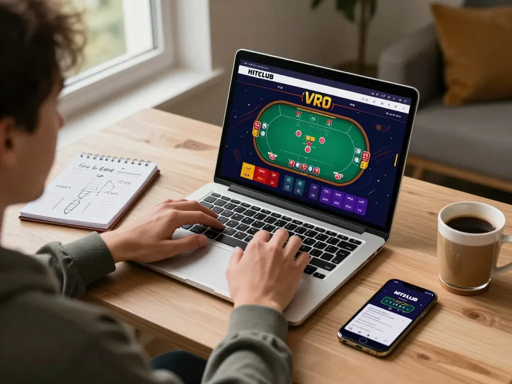 Engaging gameplay on HITCLUB platform in a cozy home setting with laptop and strategic notes.
