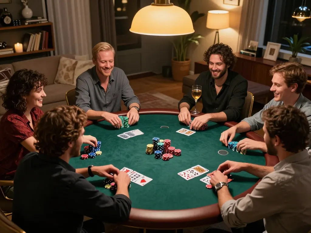 Witness K8CC players strategize in a lively home poker game, showcasing excitement and strategy.