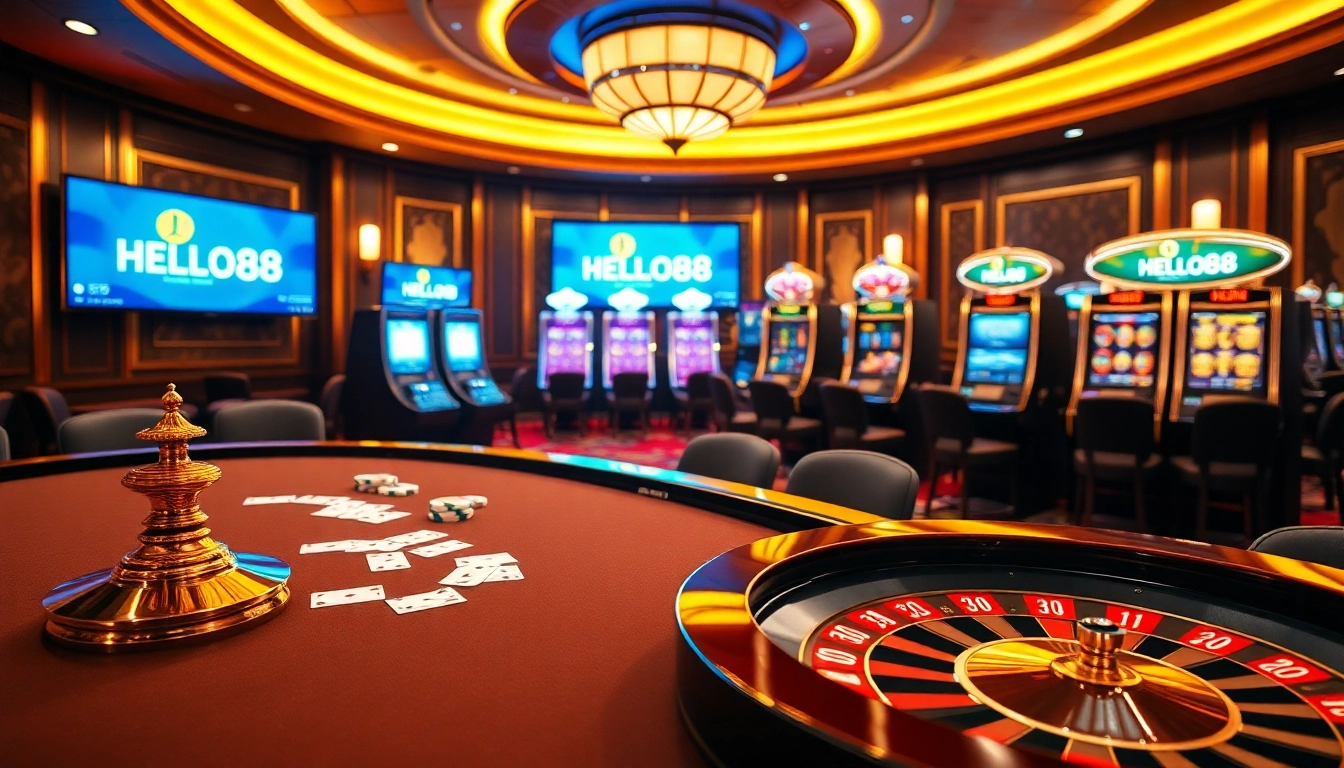 Engaging gambling scene highlighting HELLO88, featuring poker and slot machines in a luxurious casino environment.