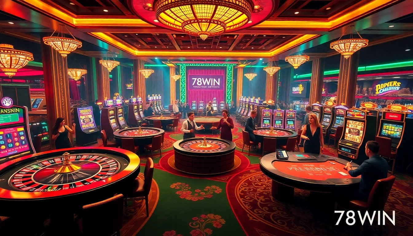 Players engaging in thrilling casino games at 78WIN, featuring vibrant slots and roulette.