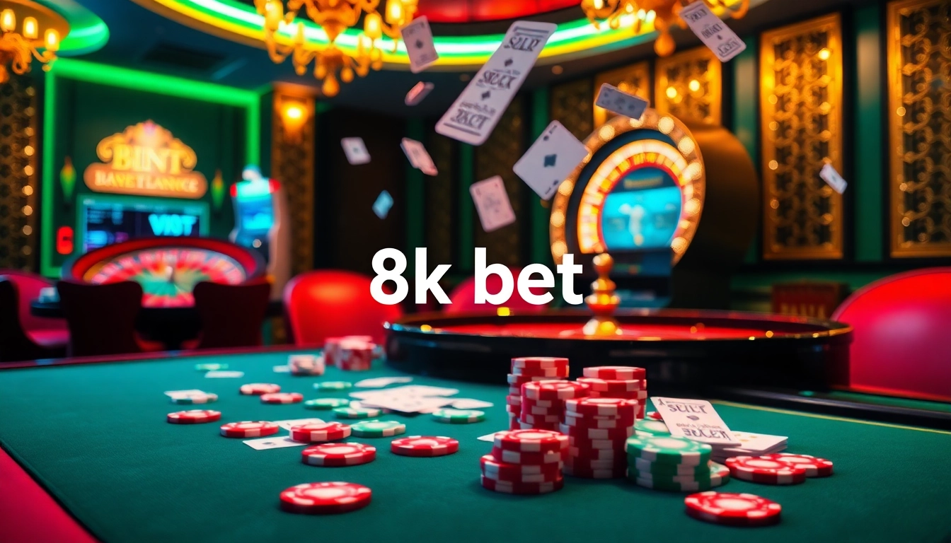 Experience the thrill of 8k bet with vibrant casino tables, bright poker chips, and dynamic gaming visuals.