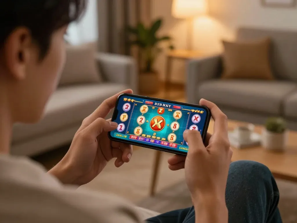 Player engaging with Tài Xỉu gaming app on smartphone, showcasing online gambling action at taixiuonlinego