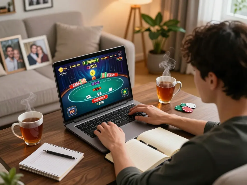 Experience strategic online poker gameplay with ee88 in a cozy home setting.