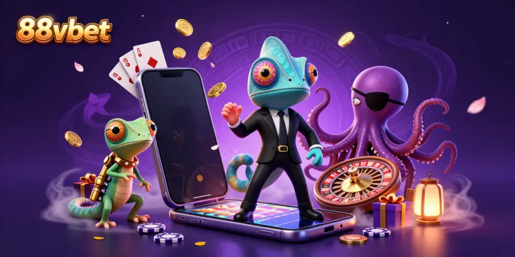 Engage with exciting 88vbet casino games through vibrant, dynamic characters in an illustrative scene.