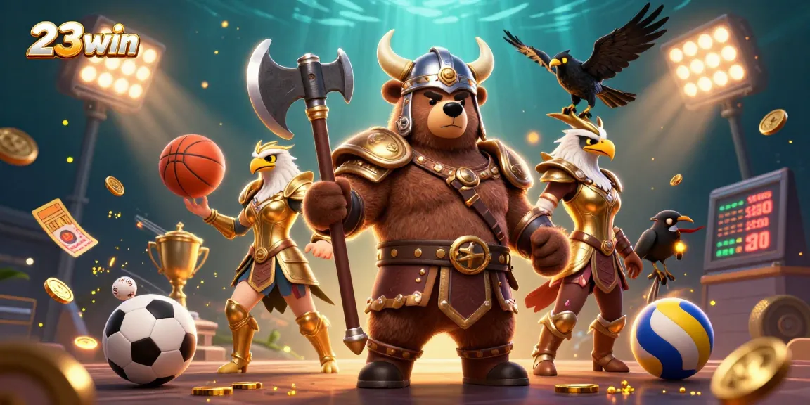 Bet on big wins with 23win, featuring a Viking bear and Valkyrie eagle amidst dynamic sports elements.