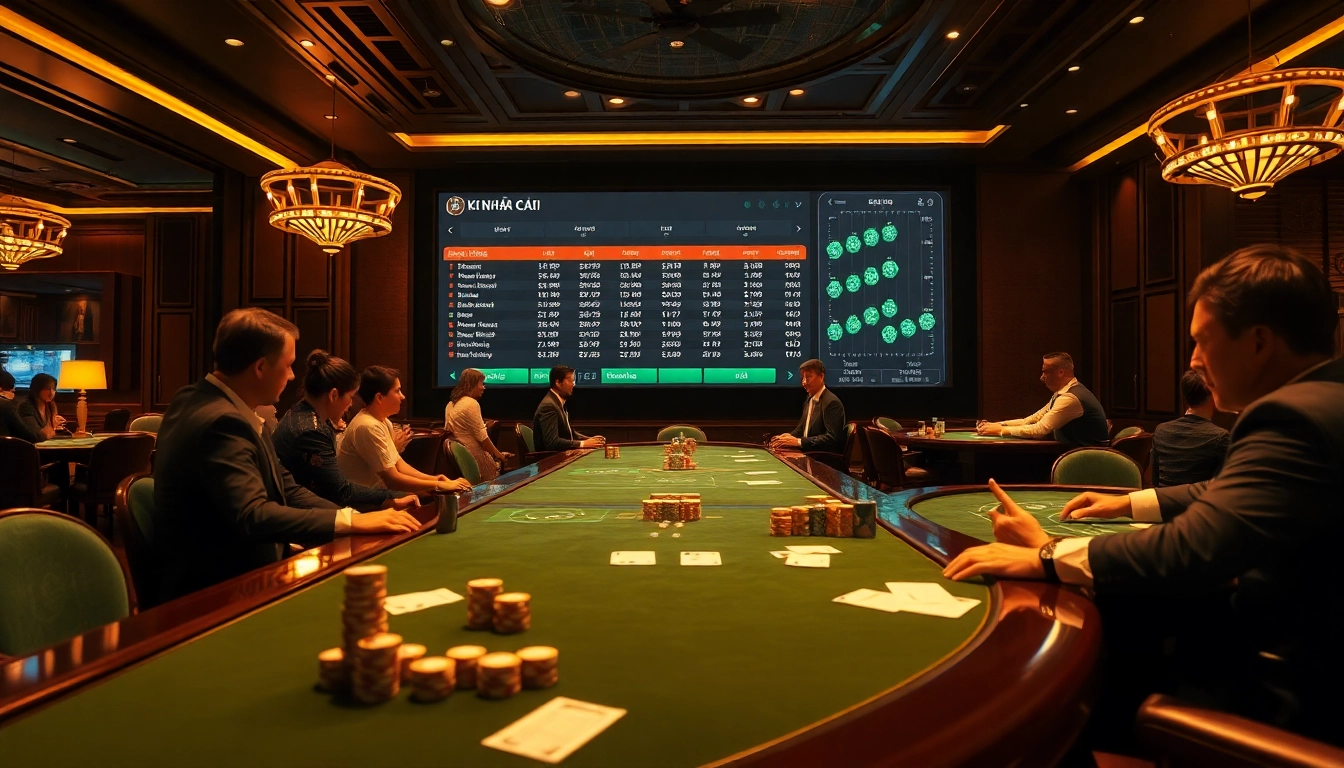 Engage in the thrilling atmosphere of Kèo Nhà Cái betting at a luxurious casino with live odds displayed.