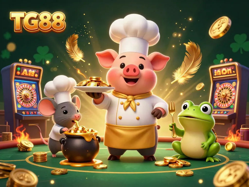 Experience excitement with TG88 at this 3D casino illustration showcasing gold coins and entertainment.