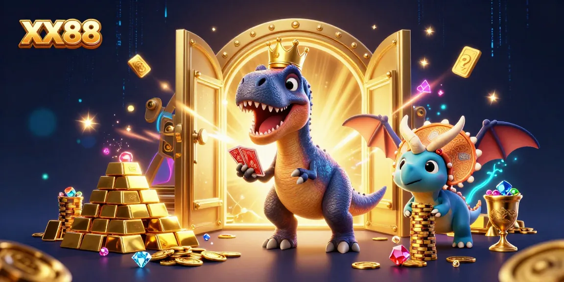 Join fun in XX88's casino with a T-Rex card shuffling, pterodactyl assistant, and a triceratops stacking chips.