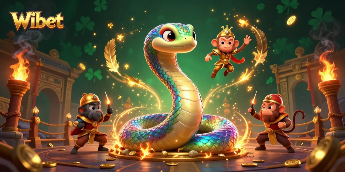 Experience thrilling wins with Wibet, featuring a vibrant illustration of a playful monkey king and rainbow serpent in action.