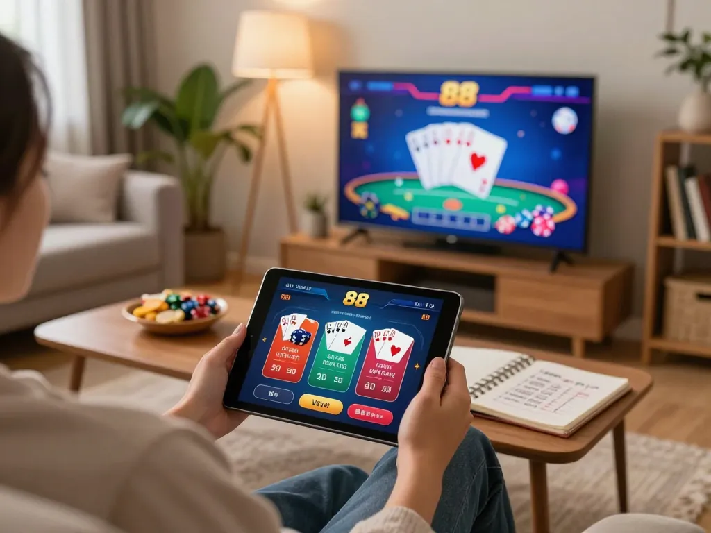 Engaging gameplay on TV88 app with a player strategizing at home, cozy environment.