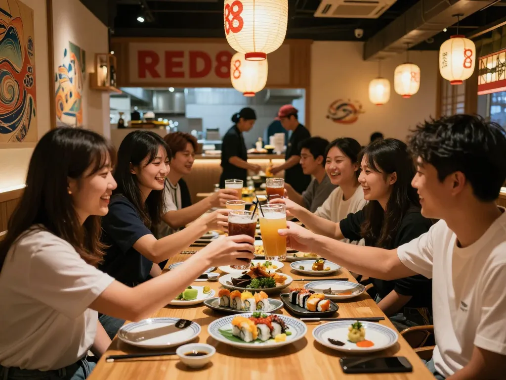 Gathering of friends enjoying RED88 Asian cuisine in modern bistro ambiance.