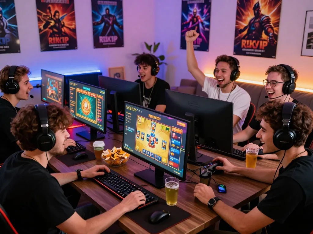 Friends enjoying an exciting online gaming session on Rikvip with vibrant graphics and an energetic atmosphere.