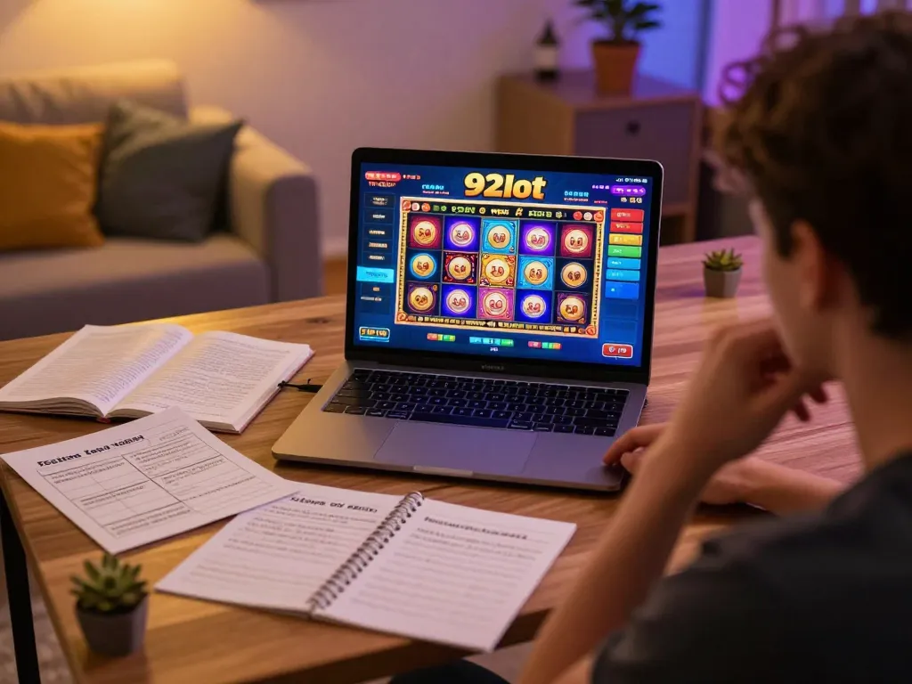 Engaged player enjoying 92slot on a laptop in a cozy gaming setup, focused on gameplay