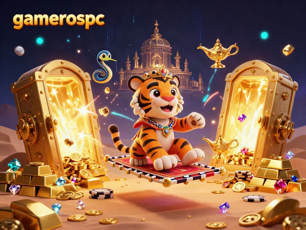 Play and win at gamerospc with an Arabian-themed casino scene featuring vibrant characters and rich rewards.