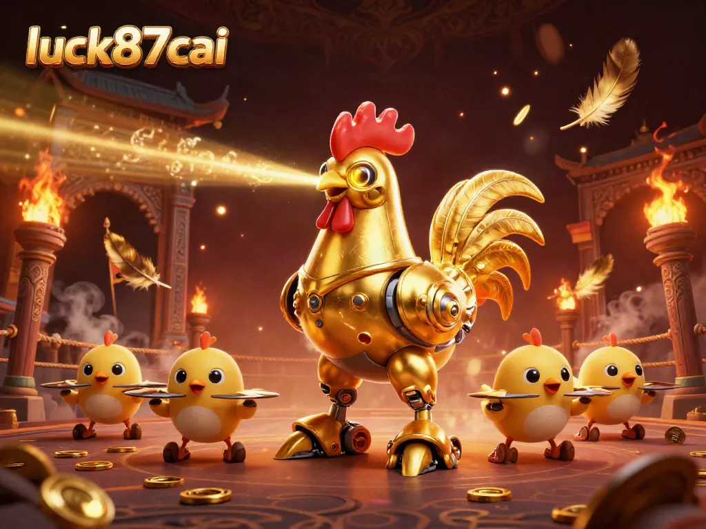 Engage in luck87cai's thrilling casino experience with a dynamic golden rooster robot and baby chick drones.