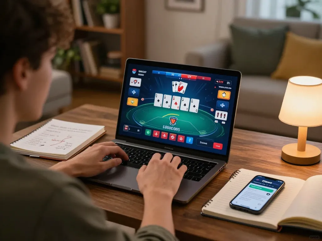 Player engaged in an online poker game with Onbet interface, cozy home setting.