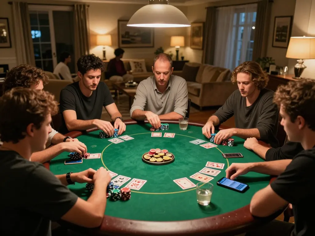 Players engaging in poker at home, showcasing jun88 strategies for responsible gaming and social bonding.