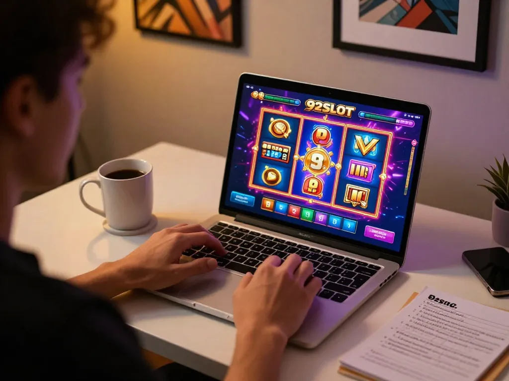 Player enjoying diverse slot games on the 92SLOT interface from a cozy home setup