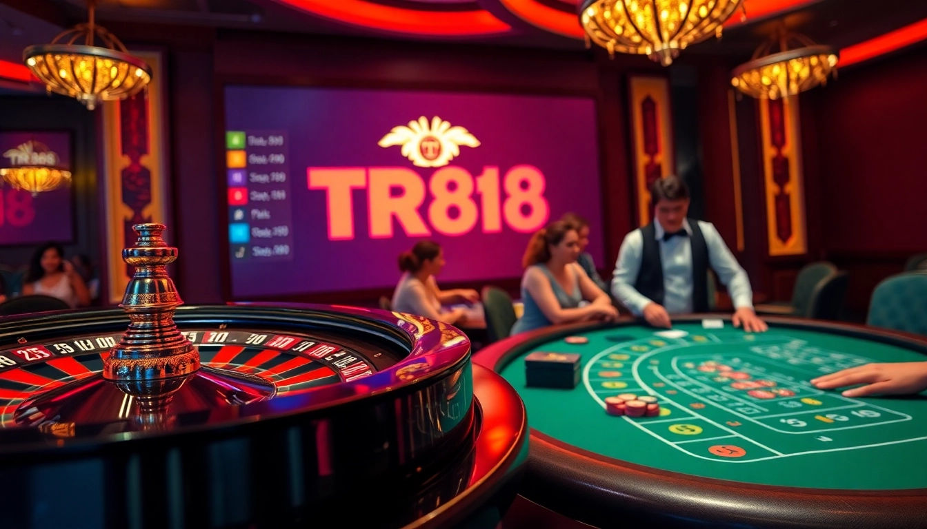 Exciting scene of TR88 bet with roulette, blackjack, and vibrant casino atmosphere.