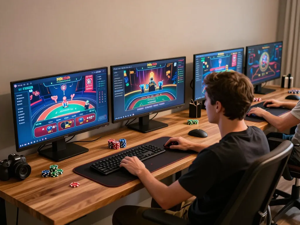 Engaging with Hitclub's online casino platform from a stylish home gaming setup