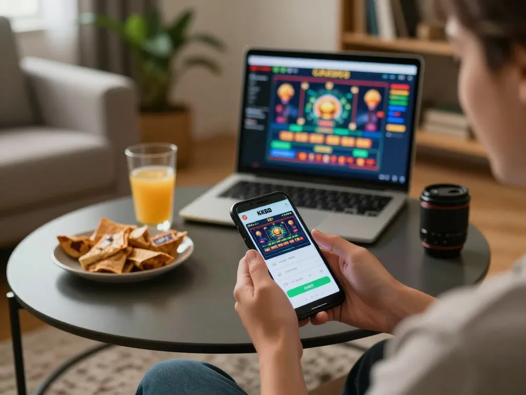 Engaging with KKBD Casino app on smartphone during a cozy home gaming session