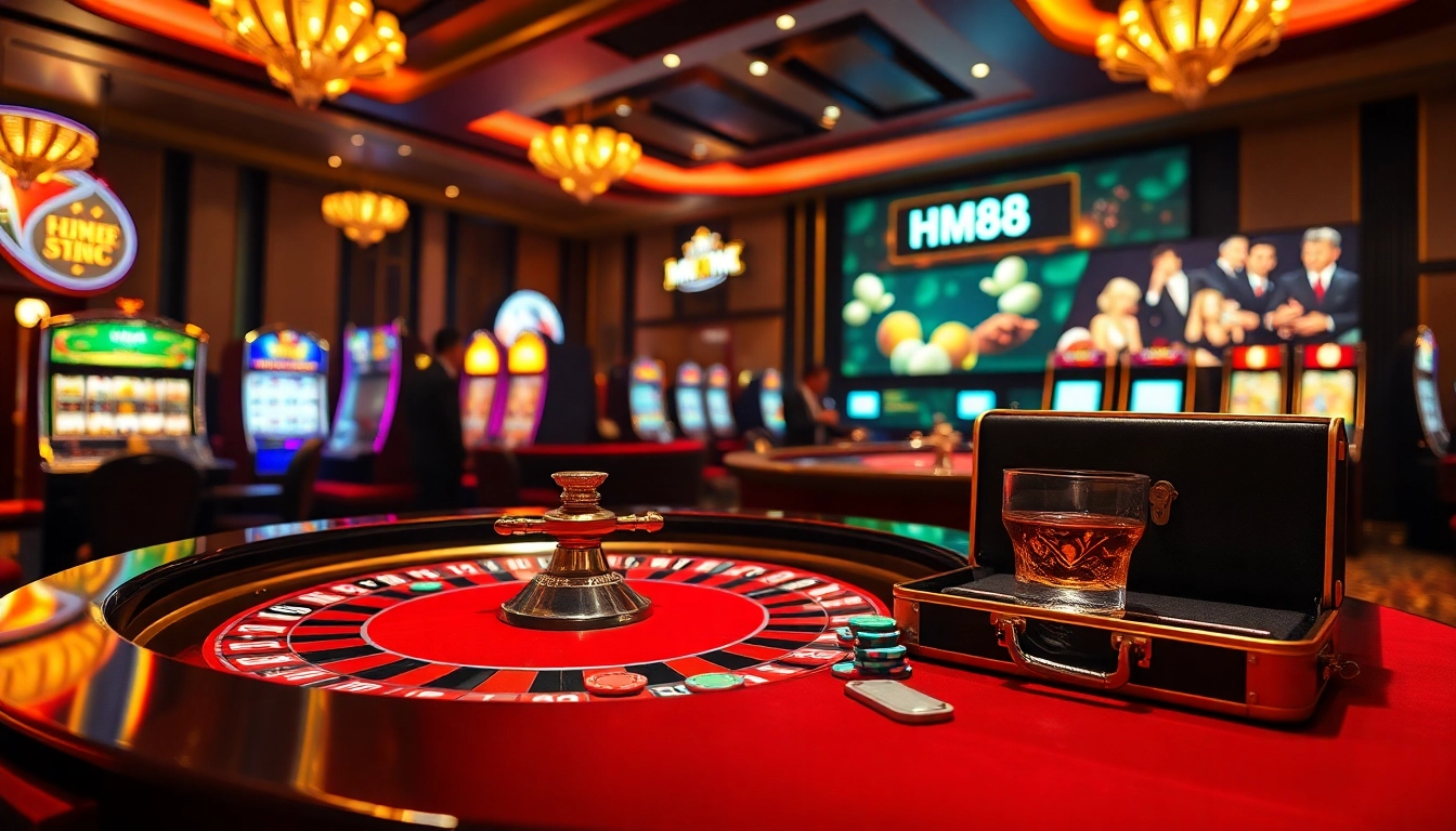 Engage in high-stakes gambling at HM88's vibrant casino atmosphere filled with roulette tables and luxury.