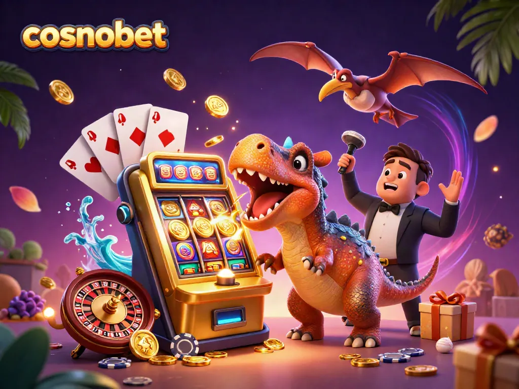 Engage with cosmobet's thrilling gaming scene featuring dinosaurs and jackpot winnings in a vibrant 3D illustration.