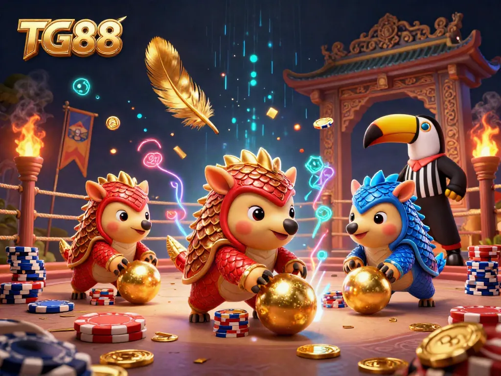 Engage in dynamic gaming action with TG88 as rival pangolins roll through poker chips in a vibrant casino setting.