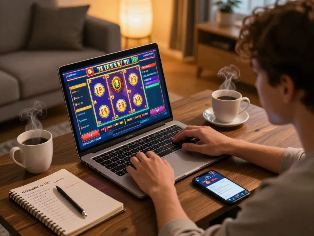 Engaging online gaming experience with 789win app highlighted on the laptop during a cozy home session.