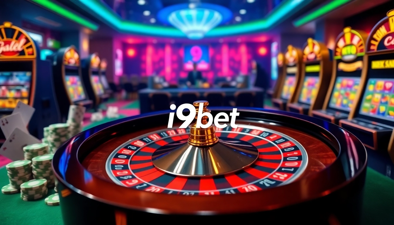 Experience thrilling gaming with i9bet at an elegant casino featuring roulette and poker.