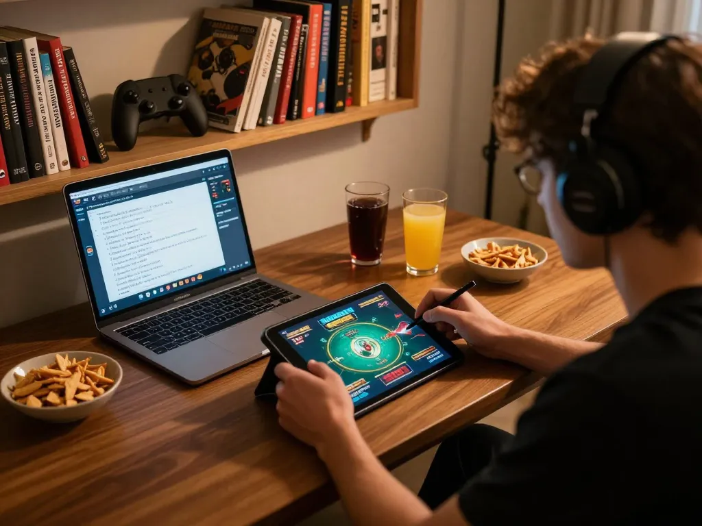 Player engaging with the online casino app god55, showcasing a strategic gaming setup and cozy atmosphere