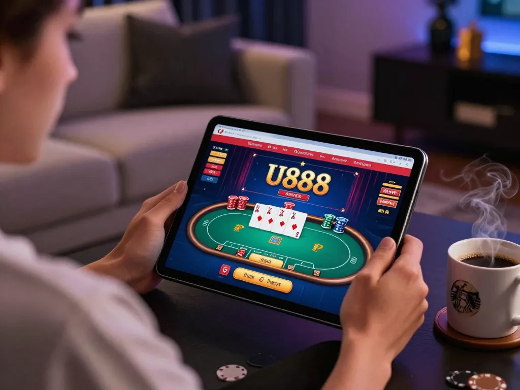 Engaged user strategizing on U888 online casino with tablet and cozy setup