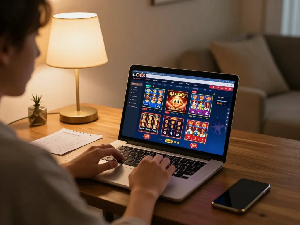 Person immersed in online gaming at LC88, showcasing casino interface and strategic elements in a cozy setting