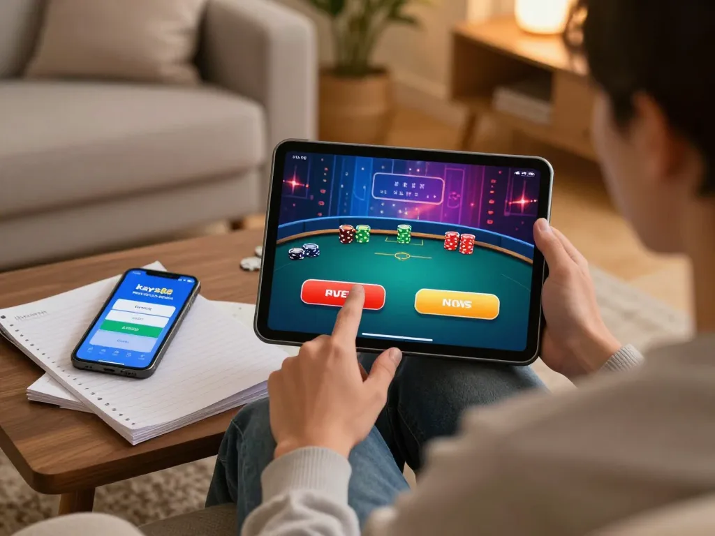 Kaya88 free credit user playing online casino poker at home with engaging tablet interface.