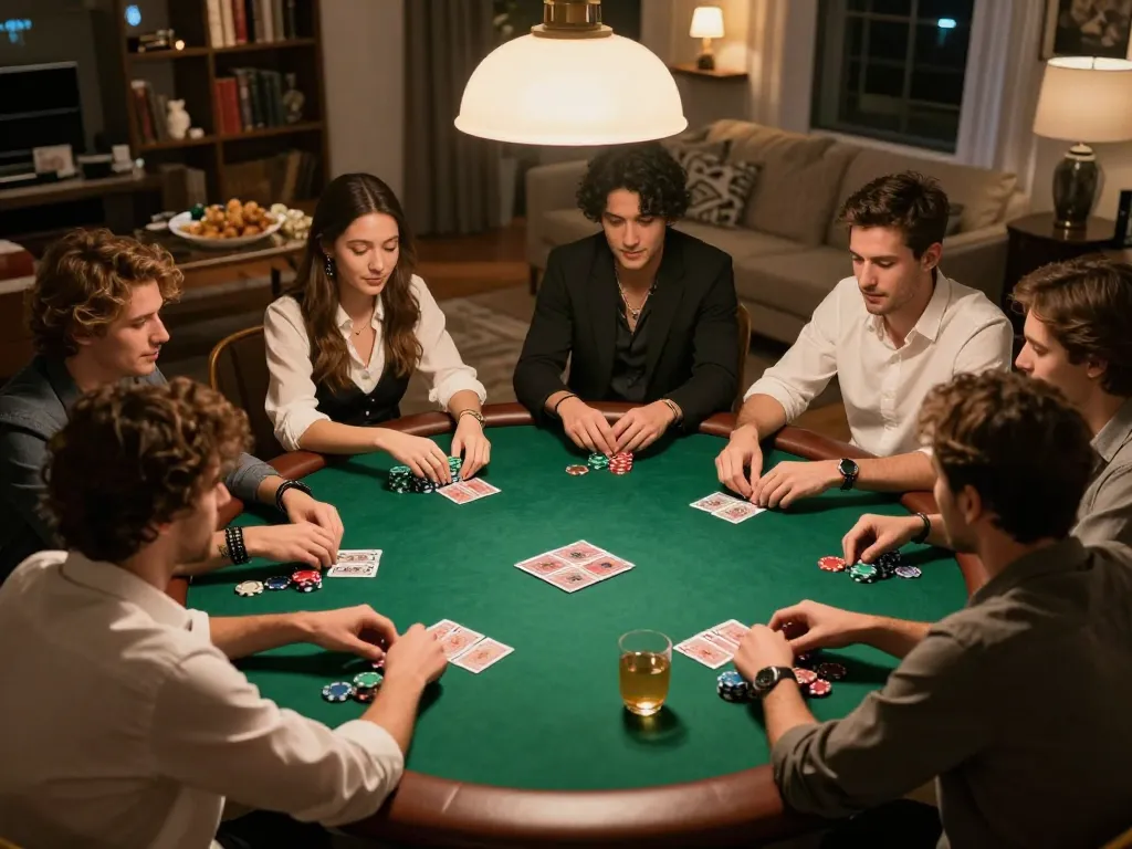 Engaging home poker night showcasing keo nha cai 5 in action with friends enjoying competitive gameplay.